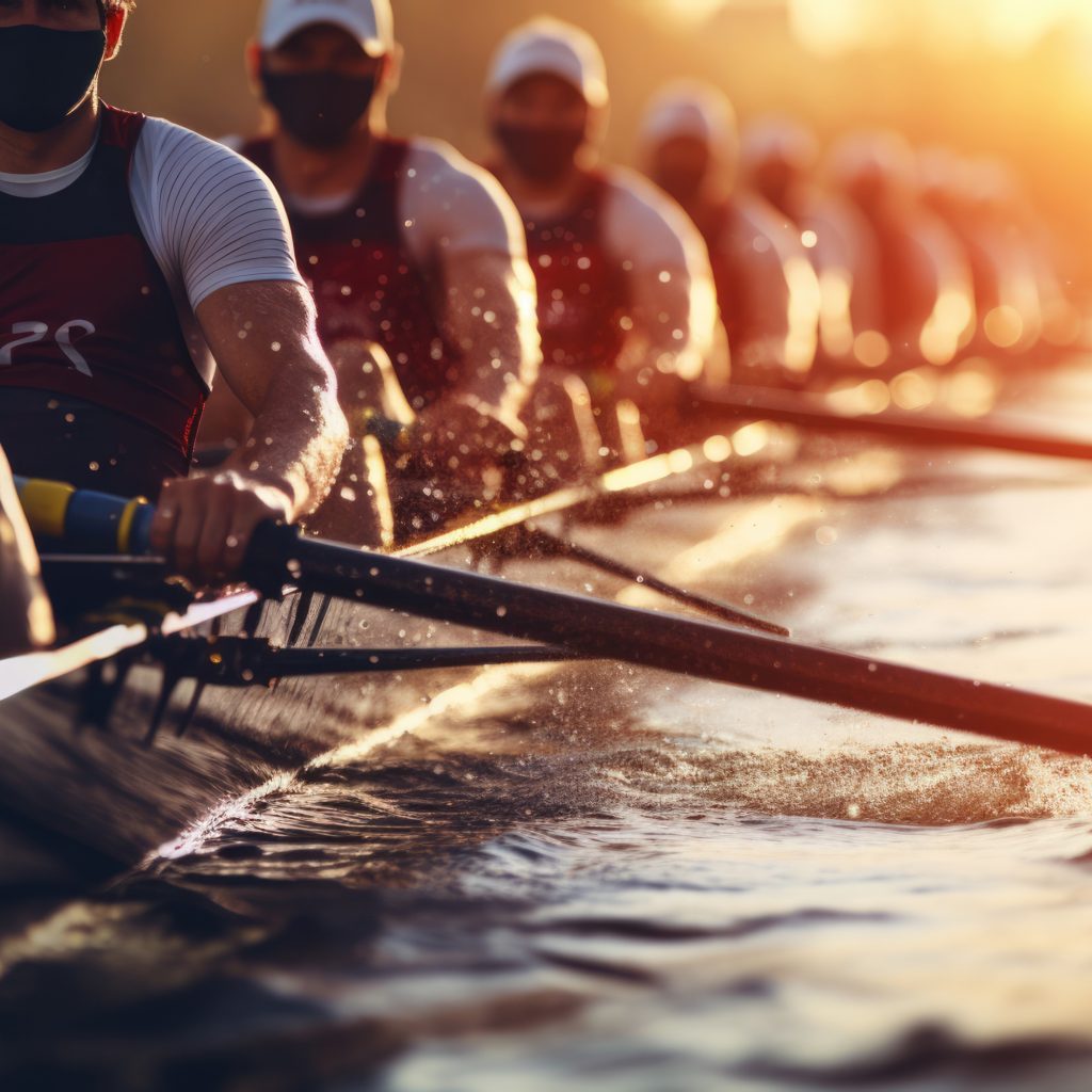 A synchronized rowing team on the water, representing BitLOGIC's collaborative IT help desk services for Sydney SMEs.