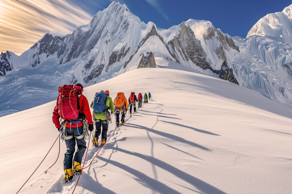 Mountain climbers walking together thru the snow towards the peak