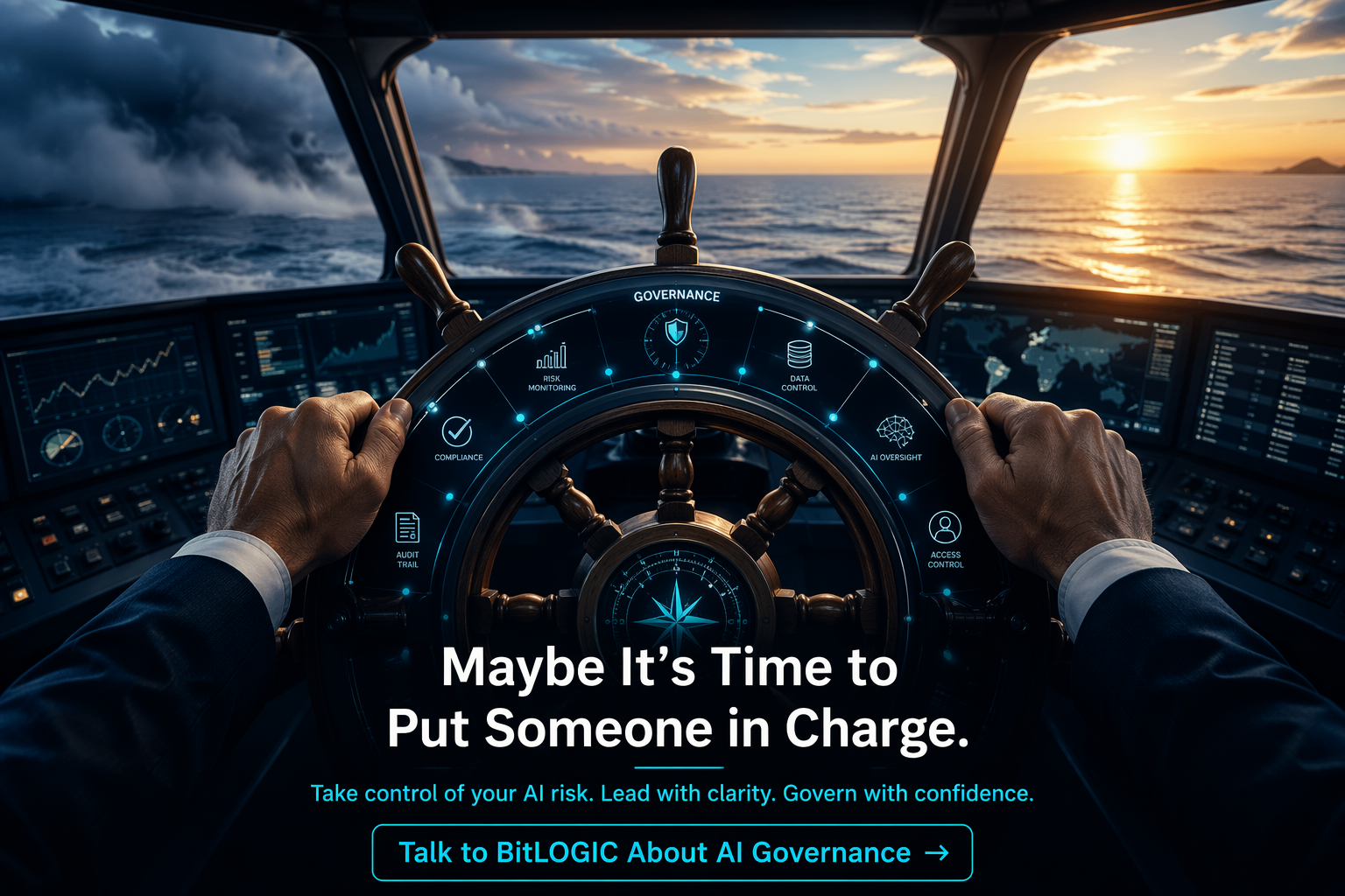 Two hands confidently gripping a ship's helm wheel with digital governance indicators, looking out over calm open water at dawn — symbolising taking deliberate control of AI in your business."