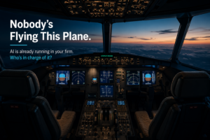 A fully operational aircraft cockpit with all systems active and autopilot engaged, but both pilot seats completely empty — symbolising AI running a business without governance or oversight.