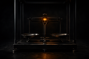 A precision scientific analytical balance scale on a dark charcoal surface with both pans perfectly level and a single warm orange light illuminating the central balance indicator needle at zero
