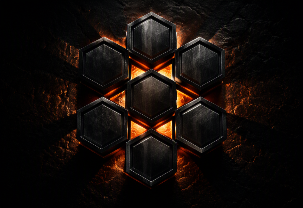 Eight interlocking hexagonal dark steel shields in a honeycomb formation on a stone surface, with warm orange light radiating from behind the central shield and casting hard geometric shadows