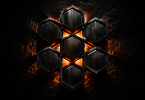 Eight interlocking hexagonal dark steel shields in a honeycomb formation on a stone surface, with warm orange light radiating from behind the central shield and casting hard geometric shadows