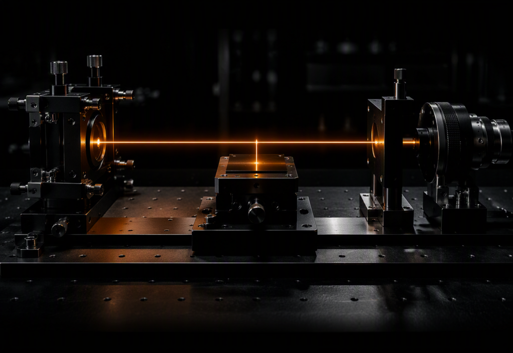 A precision scientific calibration instrument in dark steel with a sharp amber-orange measurement beam running across a dark calibration plate in a near-black environment