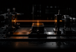A precision scientific calibration instrument in dark steel with a sharp amber-orange measurement beam running across a dark calibration plate in a near-black environment