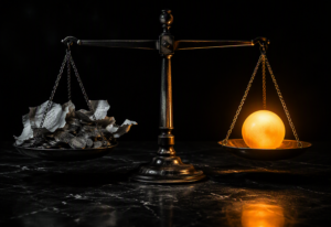 A precision balance scale on a dark slate surface with tangled coins in cold shadow on the left pan and a single glowing orange sphere radiating warm amber light on the right pan