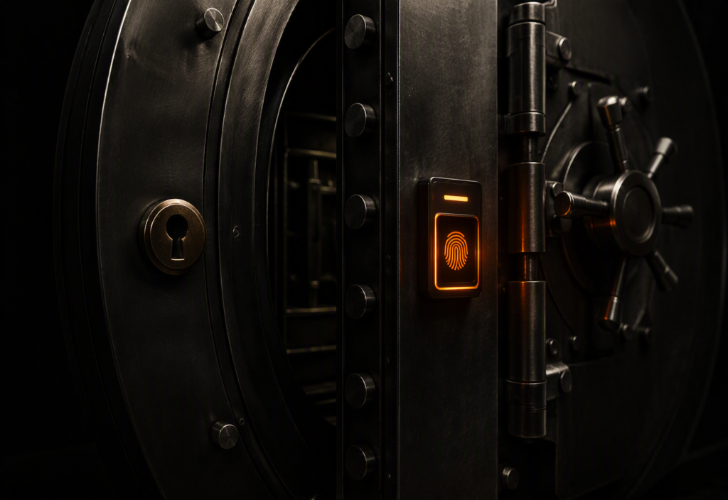 A heavy dark steel vault door with a brass keyhole in deep shadow on the left and a modern biometric fingerprint scanner glowing with warm orange light on the right