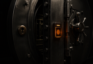 A heavy dark steel vault door with a brass keyhole in deep shadow on the left and a modern biometric fingerprint scanner glowing with warm orange light on the right