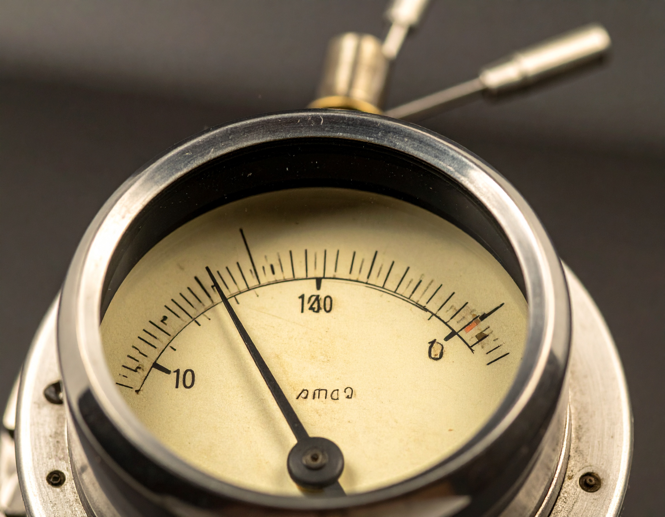 A close-up of a vintage analogue monitoring gauge with a clearly visible needle indicating an active live reading, mounted on a plain surface. Represents the concept of continuous compliance measurement for NDIS providers — unlike a one-time registration stamp, demonstrable compliance under the NDIS Practice Standards requires ongoing active monitoring and current evidence of IT controls at all times.