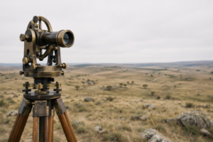 A vintage brass surveying theodolite on a wooden tripod positioned against a wide open pale terrain, representing a methodical and precise compliance gap assessment conducted before an auditor arrives.