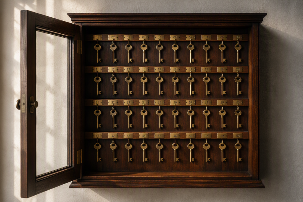 An open wall mounted timber key cabinet with rows of numbered brass hooks each holding a single key in precise order, representing a governed and fully accountable system of access control.