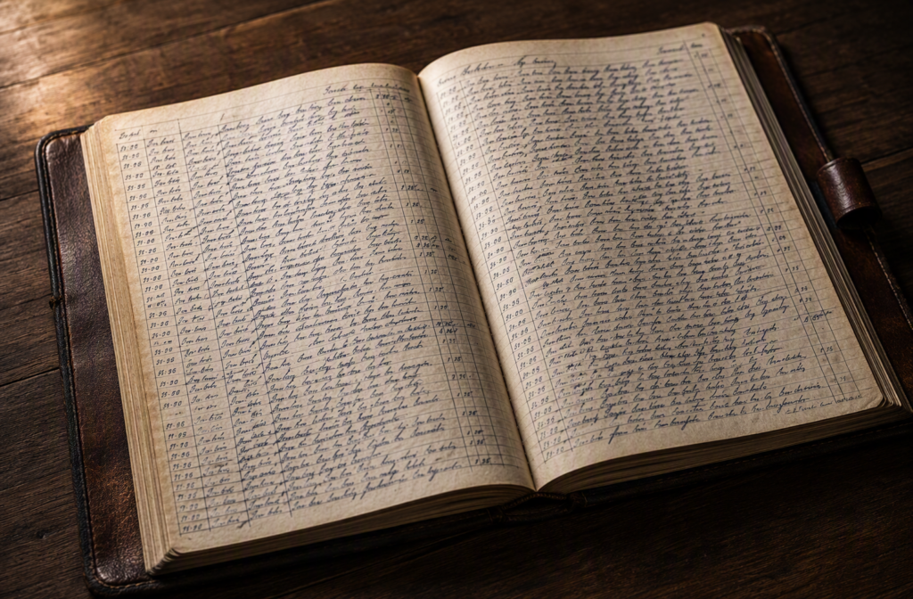An open leather bound logbook on a timber surface filled with neat rows of handwritten chronological entries, representing a structured and disciplined system of evidential record keeping.
