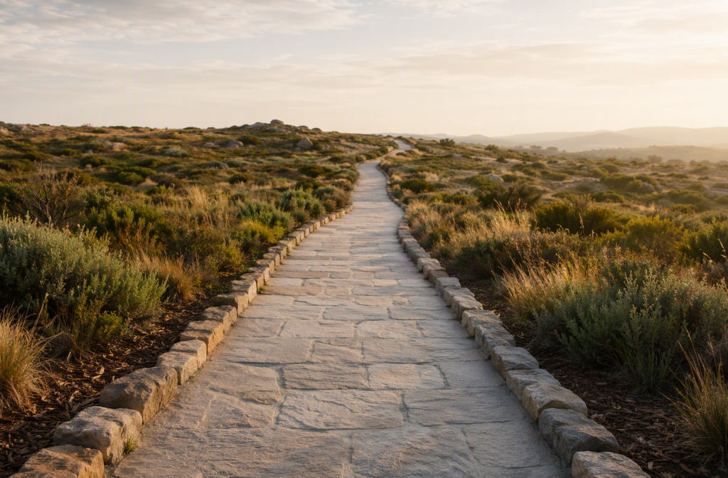 A clearly defined stone pathway stretching forward through open Australian terrain flanked by low native groundcover, representing a prepared and structured route through IT compliance for NDIS providers.