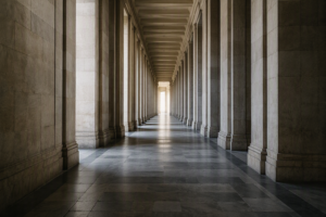 A long stone institutional corridor stretching forward into the distance with directional light entering from the far end, conveying a sense of ongoing obligation and structured governance.