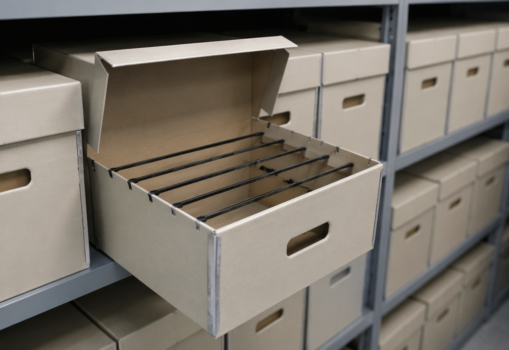 A neatly organised row of archival document boxes sits on clean institutional shelving, with one open box in sharp focus revealing completely empty file holders and no retrievable records inside, representing the gap between the appearance of organised systems and the absence of actual governed data.