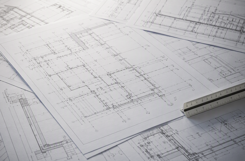 Large format architectural drawings laid flat on a drafting table showing precise technical line work and annotations, representing a fully documented and version controlled IT environment.
