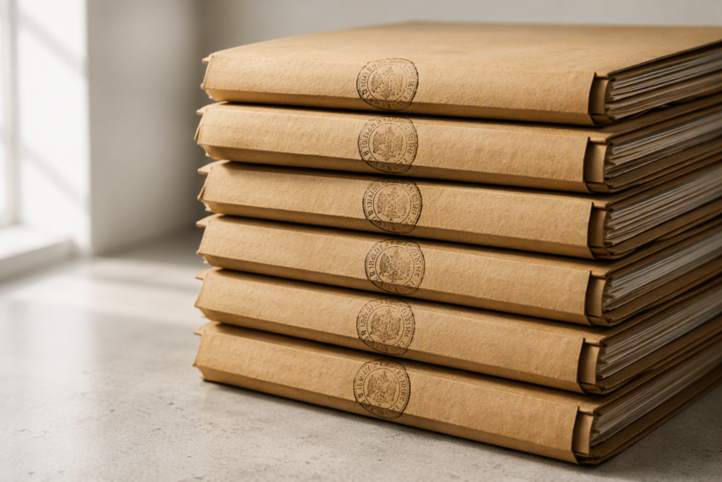 A neat vertical stack of thick manila document folders each bearing a formal stamp impression, representing a complete and governed registry of third party vendor relationships and documentation.