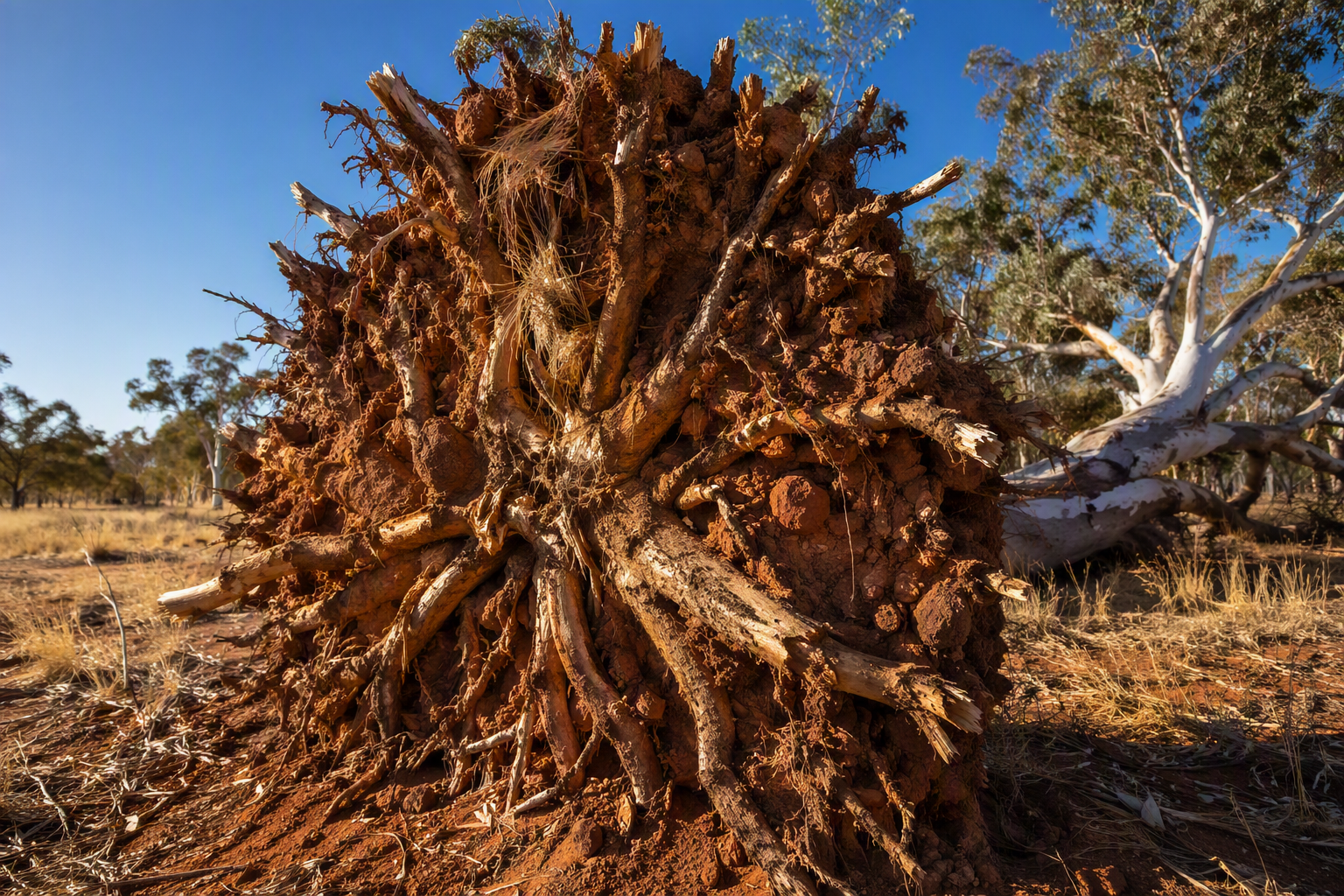 A large fallen eucalyptus tree in dry Australian bushland, photographed from a low frontal angle with the exposed root plate filling the foreground — a dense, interlocked network of roots of varying thickness holding clumps of red earth and dry soil, with some roots intact and others cleanly snapped. The fallen trunk extends back into the frame under warm afternoon light. The image communicates that what appears stable above ground can be deeply fragile beneath the surface, and that systemic complexity only becomes visible when a structure fails.