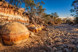 A wide view of a dry Australian creek bed in warm afternoon light, with rounded boulders carrying distinct rust-red high-water tide marks at varying heights, a pale dry gravel floor, cracked mud flats along the banks, and sparse native eucalyptus vegetation framing both sides. The landscape communicates that significant past events leave legible traces in the terrain — just as IT infrastructure problems leave operational patterns visible to those who know what to look for.