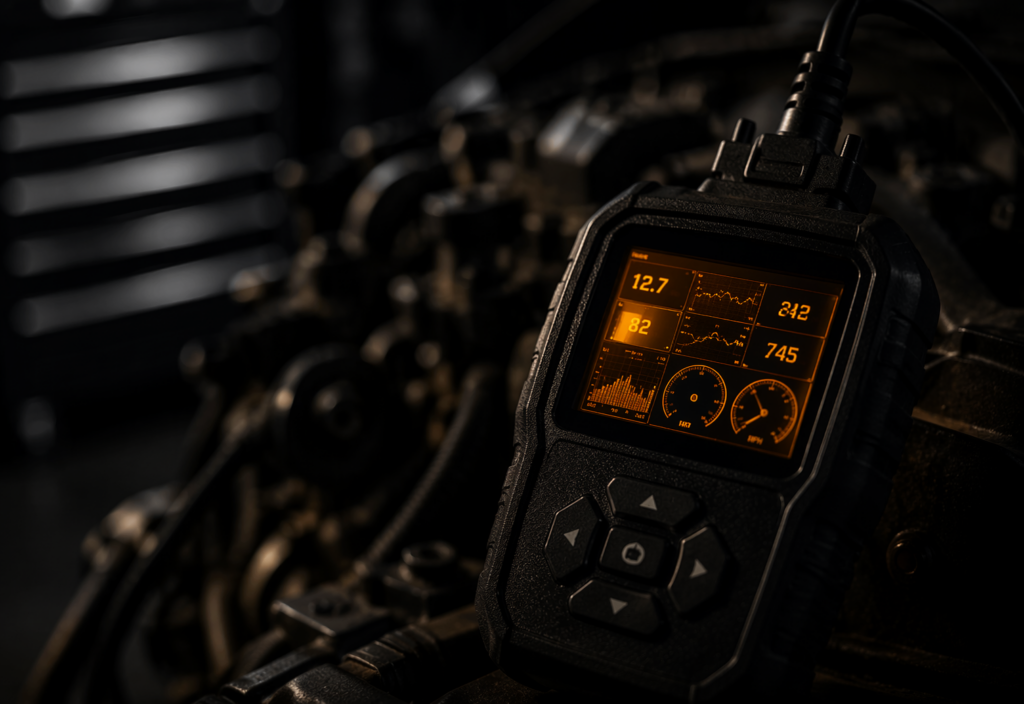 A precision diagnostic scanner with a glowing orange screen plugged into a dark industrial machine, displaying health metrics and status indicators in a deep shadow workshop environment