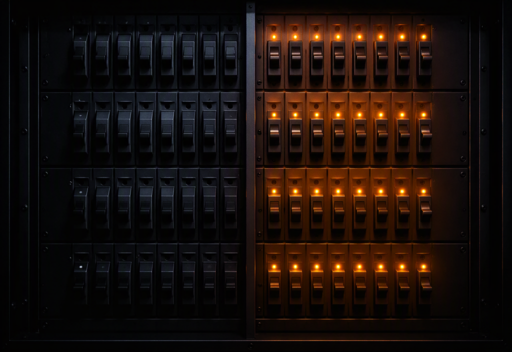 A dark industrial electrical panel split vertically down the centre — left half dark and inactive with no illumination, right half active with a grid of warm amber-orange indicator LEDs glowing steadily