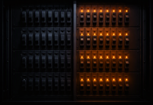 A dark industrial electrical panel split vertically down the centre — left half dark and inactive with no illumination, right half active with a grid of warm amber-orange indicator LEDs glowing steadily