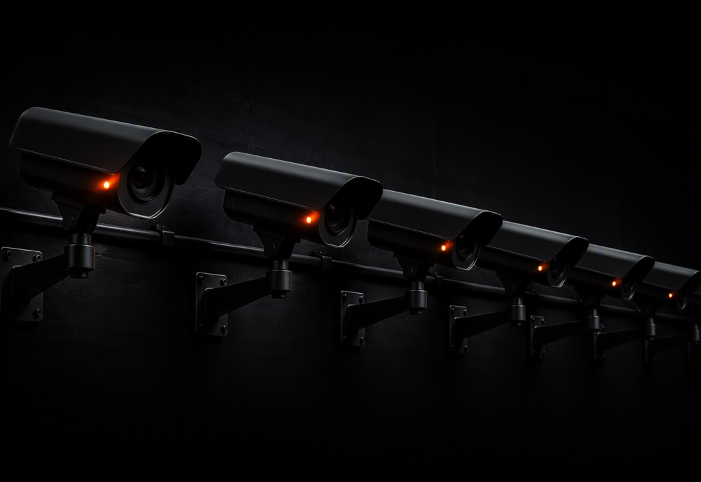 A row of industrial surveillance cameras in dark matte steel mounted on steel arms, each with a single warm amber-orange active indicator LED glowing against a near-black background