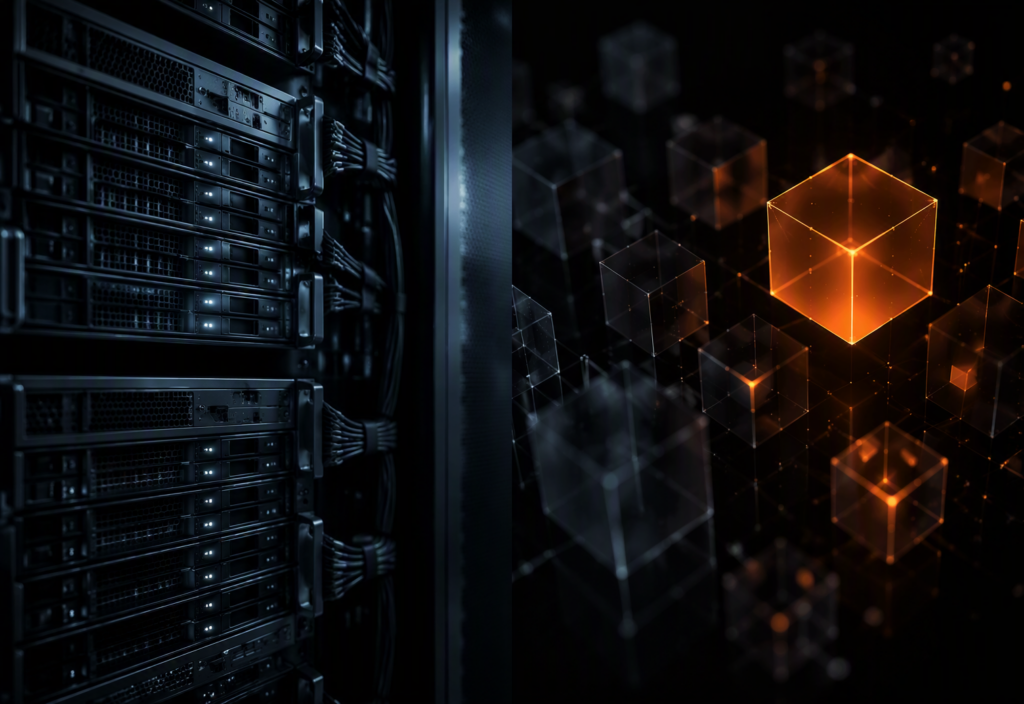A split ultra-wide image with a dark industrial server rack on the left half under cool blue-grey lighting and abstract translucent geometric cubes floating in near-black space with amber-orange light accents on the right half