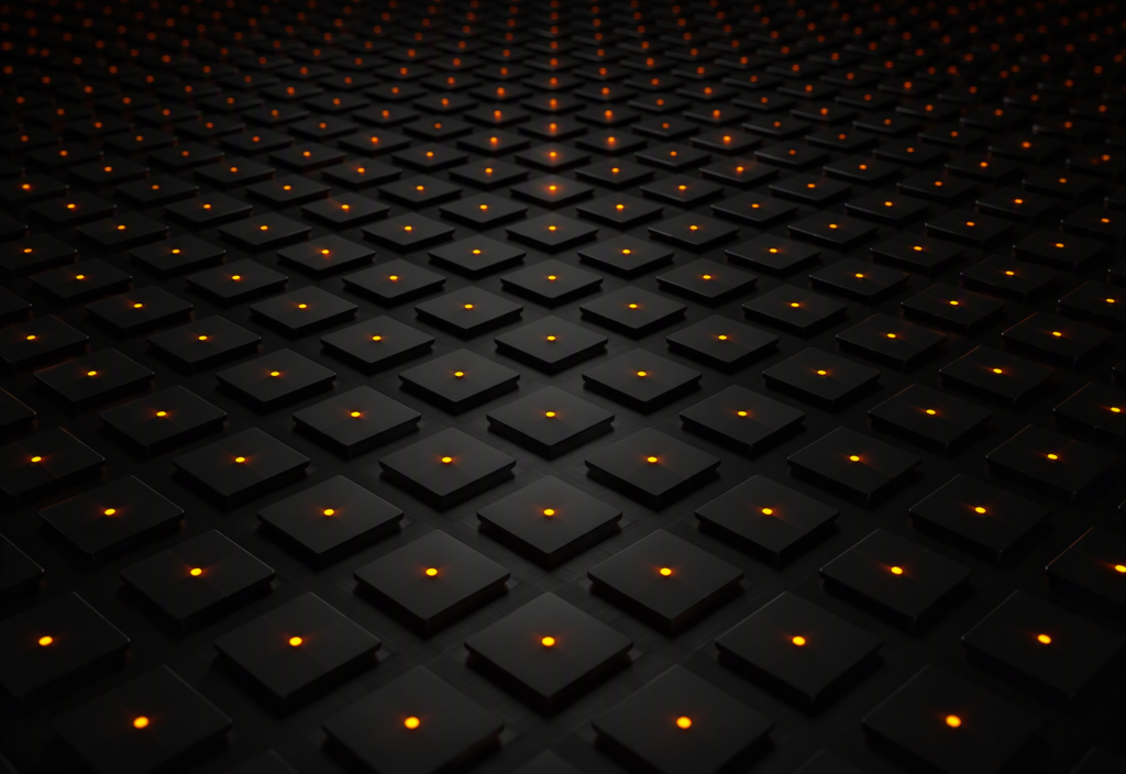 A regular grid of small dark matte square tiles filling an ultra-wide near-black surface, each tile with a single warm amber-orange pinpoint of active light at its centre, subtle brightness variation across the grid