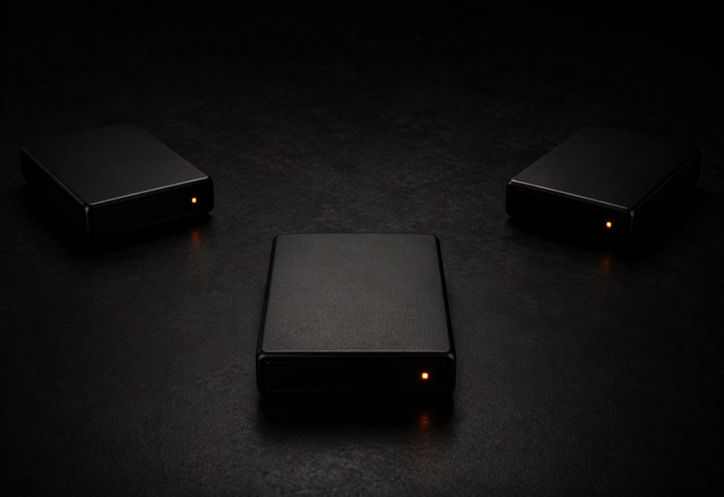 Three identical small dark matte sealed storage device enclosures arranged in a precise triangular formation on a near-black surface, each with a single warm amber-orange active indicator LED, physically separated with no cables connecting them