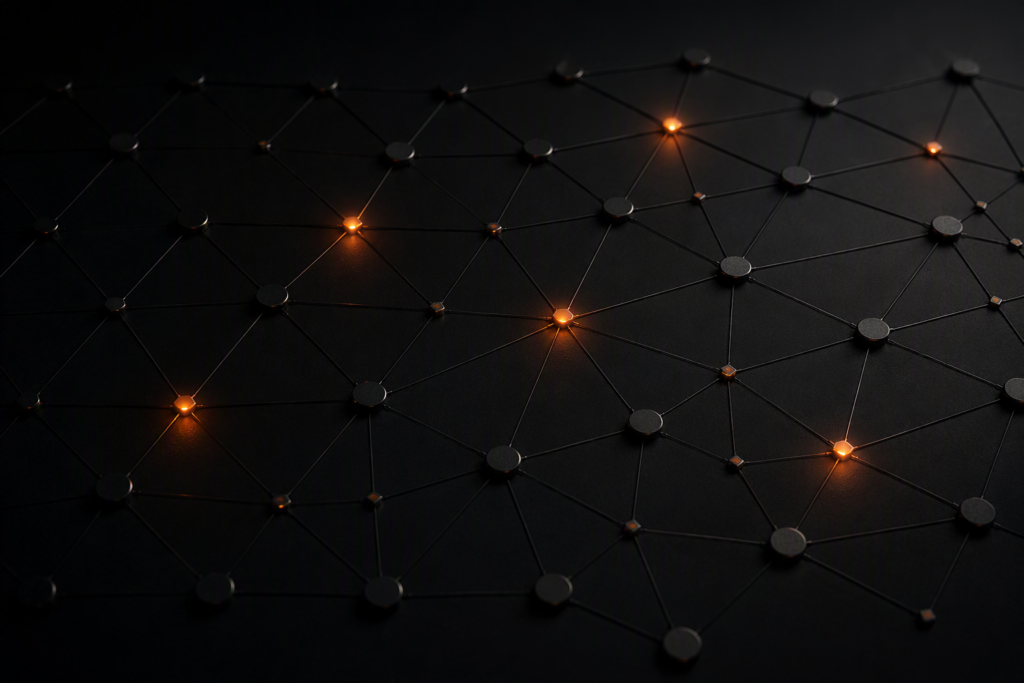 A dark abstract network map with a regular grid of small dark nodes connected by thin lines, most connection checkpoint markers dormant and dark with only three to six glowing warm amber-orange to represent verified active connections