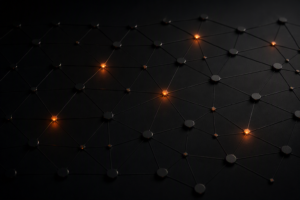 A dark abstract network map with a regular grid of small dark nodes connected by thin lines, most connection checkpoint markers dormant and dark with only three to six glowing warm amber-orange to represent verified active connections