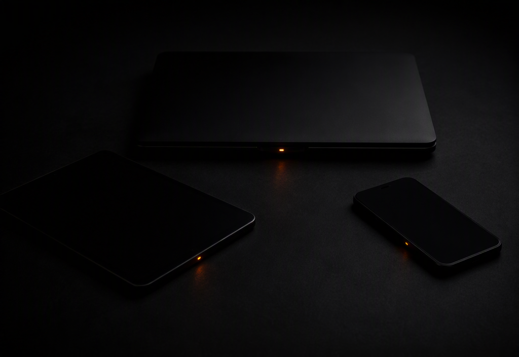 Three different dark professional devices — a closed laptop, a tablet face down, and a smartphone face down — arranged in a precise triangular formation on a near-black surface, each with a single warm amber-orange active indicator LED