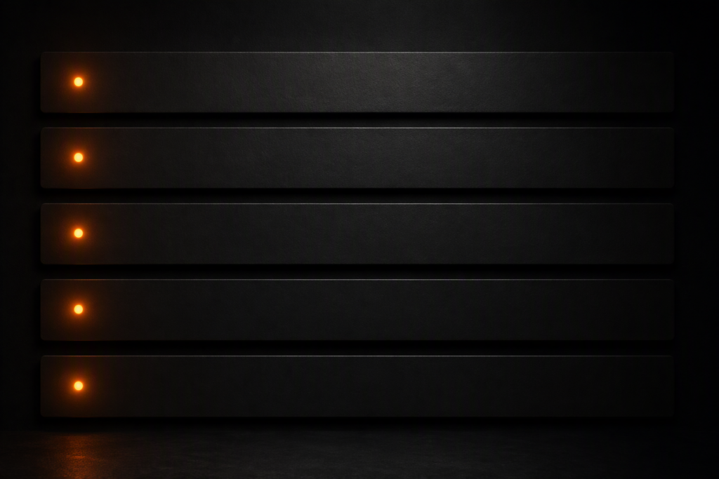 Five identical horizontal dark matte rectangular bands stacked vertically against a near-black background, each with a single small amber-orange indicator dot precisely aligned at the far left edge in a vertical column