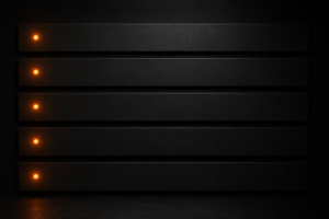 Five identical horizontal dark matte rectangular bands stacked vertically against a near-black background, each with a single small amber-orange indicator dot precisely aligned at the far left edge in a vertical column