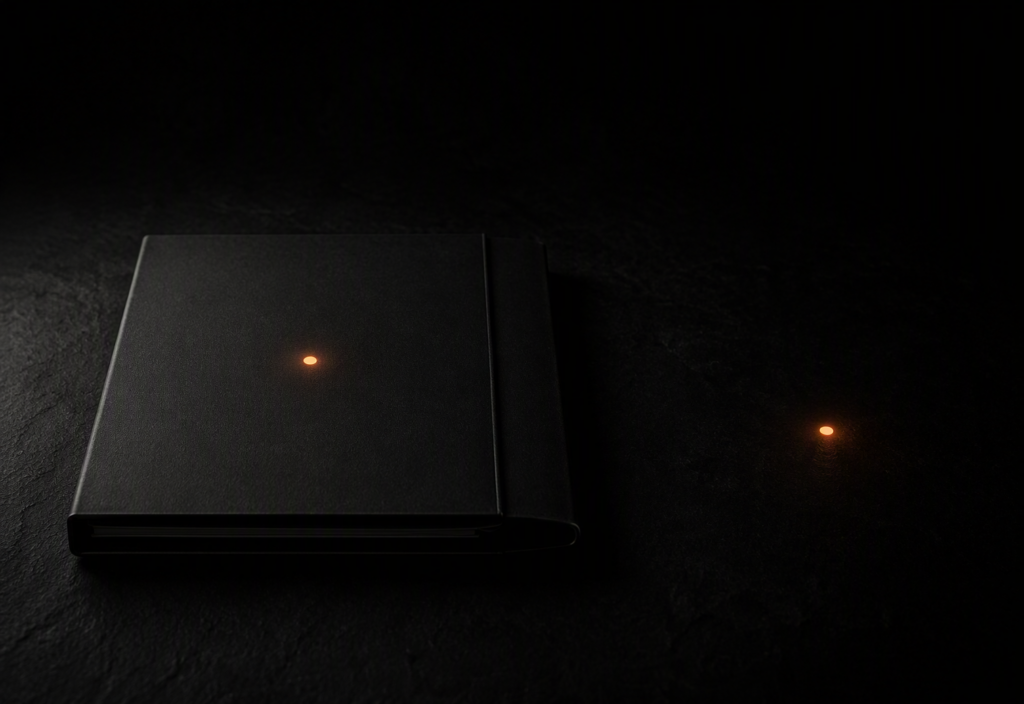 A sealed dark matte professional document folder lying flat on a near-black surface with an amber-orange indicator dot centred on its cover, and a second identical amber-orange dot resting alone on the bare surface at a deliberate distance from the folder