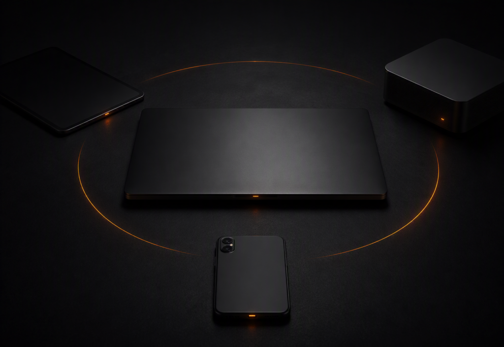 A closed dark matte laptop at the centre of a near-black surface surrounded by three different dark professional devices — a tablet, a smartphone, and a compact server module — each with a single warm amber-orange indicator, connected by very faint amber-orange arc segments