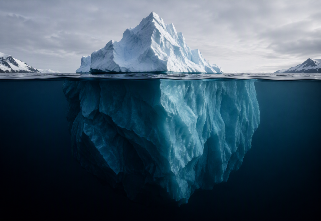 A large iceberg photographed at the waterline showing a small brilliantly lit portion above the surface and a substantially larger dark mass visible beneath the water, representing the hidden IT risk inherited through acquisition.