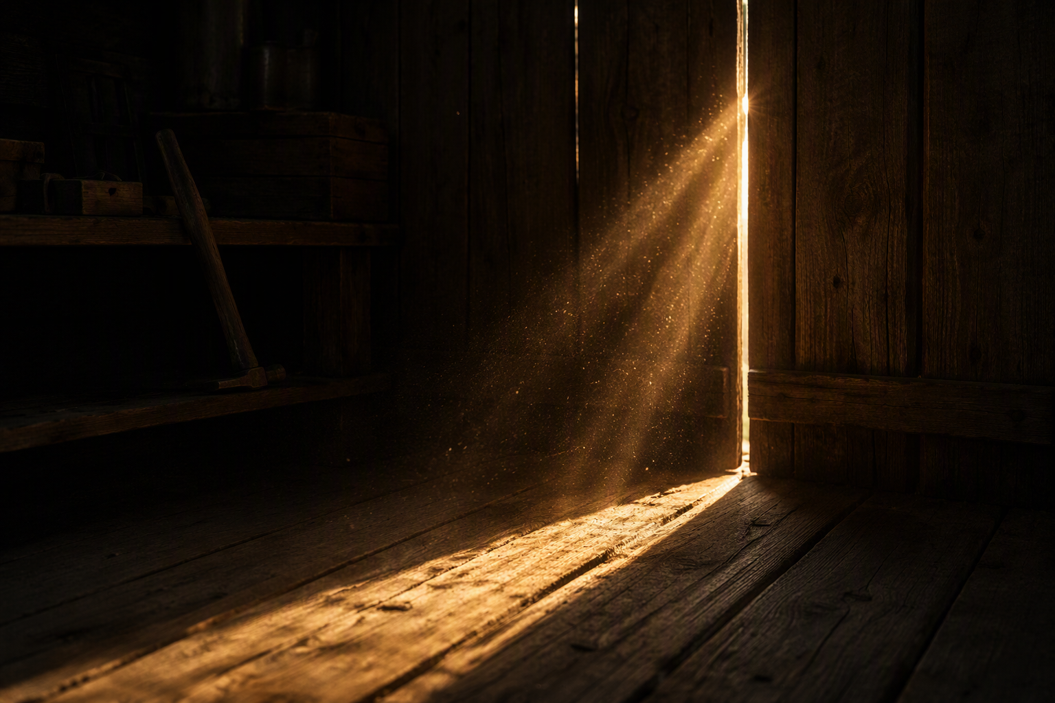 A single shaft of warm golden light enters a dim timber interior through a narrow wall gap, illuminating dust particles and aged floorboards in precise detail while the rest of the space remains in soft shadow, representing the act of making a previously invisible IT environment visible and governable.