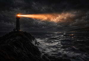 A cinematic lighthouse glowing with warm orange light on a dark stormy headland, its beam sweeping across turbulent grey ocean waters toward distant ships