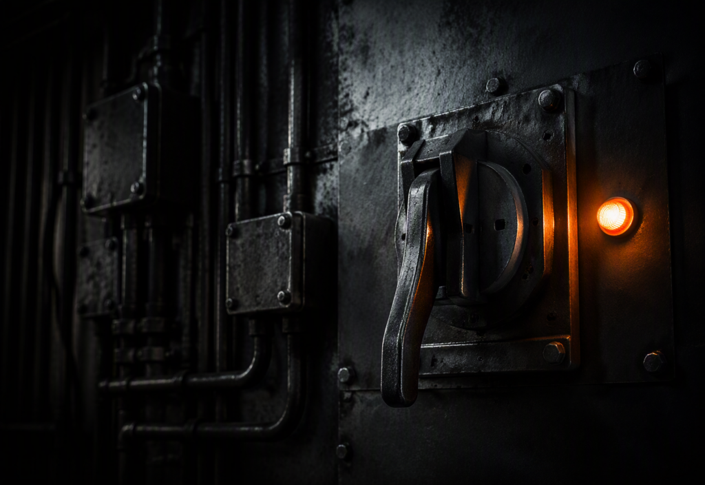 A heavy-duty industrial emergency isolation switch lever in the activated position on a dark steel wall panel, with a single warm orange warning indicator light glowing in a near-black environment