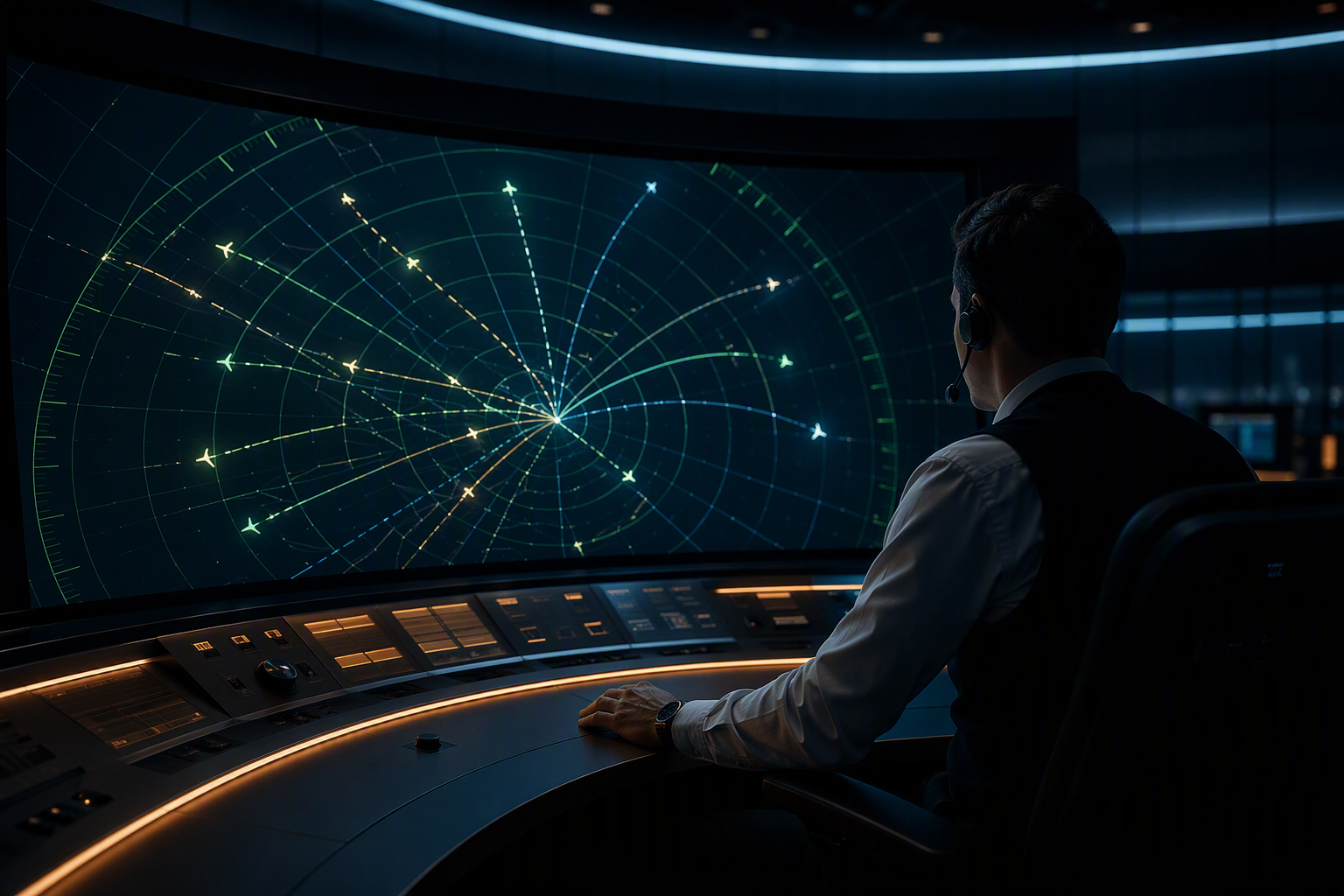 An air traffic controller seated at a curved workstation in a darkened operations room, studying a large radar screen displaying multiple labelled paths converging toward a central hub.
