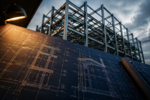 Architectural blueprint in the foreground with a clean steel building framework rising in the background under controlled light.