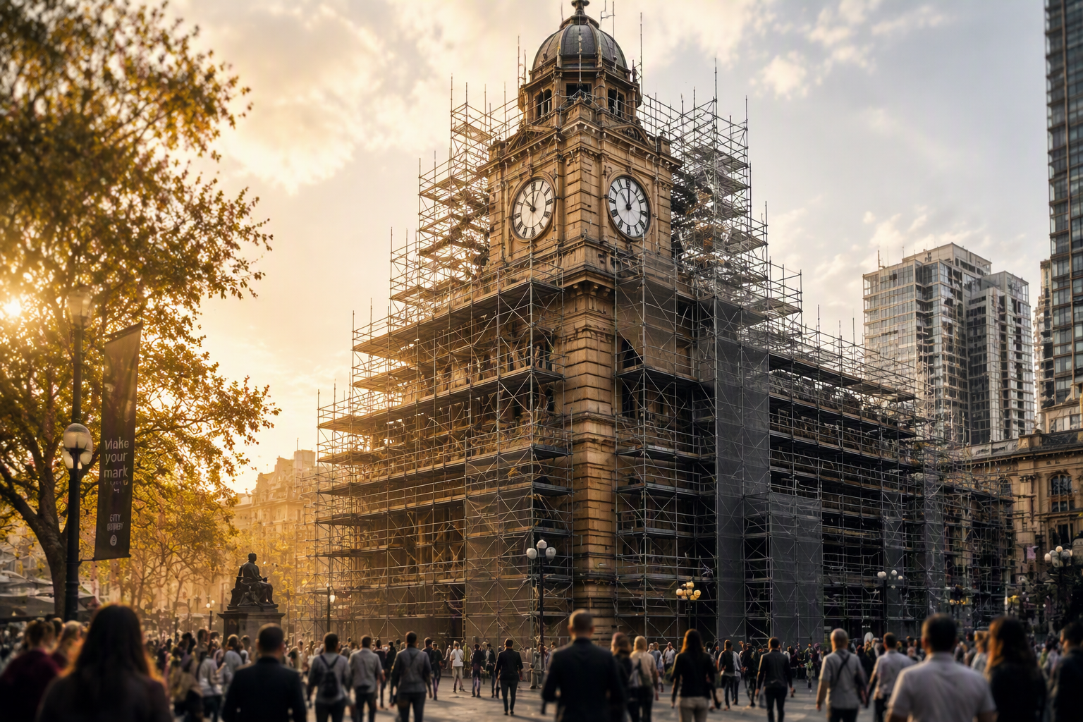 A warm-lit public clock tower surrounded by construction scaffolding, representing the quiet disruption that follows when a trusted MSP is acquired by private equity.