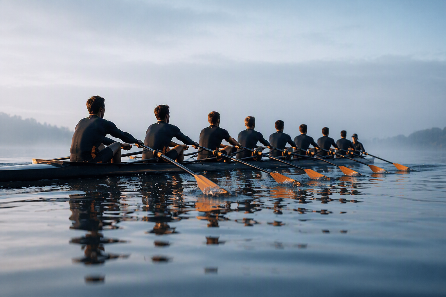An eight-person rowing crew pulling in perfect synchronised formation at dawn on calm flat water, representing BitLOGIC's coordinated Help Desk team keeping Australian businesses moving forward.