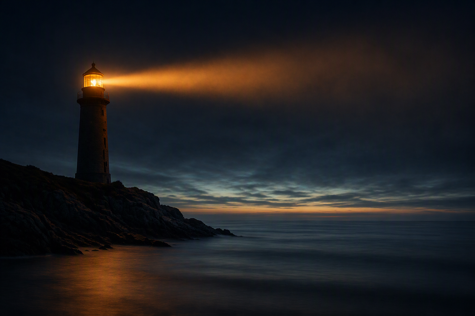 A solitary lighthouse on a dark rocky headland at dusk, its beam sweeping across calm water, representing BitLOGIC as a steady, trusted guide for Australian SMEs navigating managed IT.