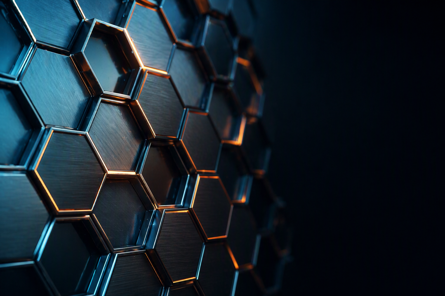 A close-up of a modular hexagonal honeycomb structure in dark charcoal with amber edge highlights, representing BitLOGIC's scalable and resilient IT infrastructure foundations.