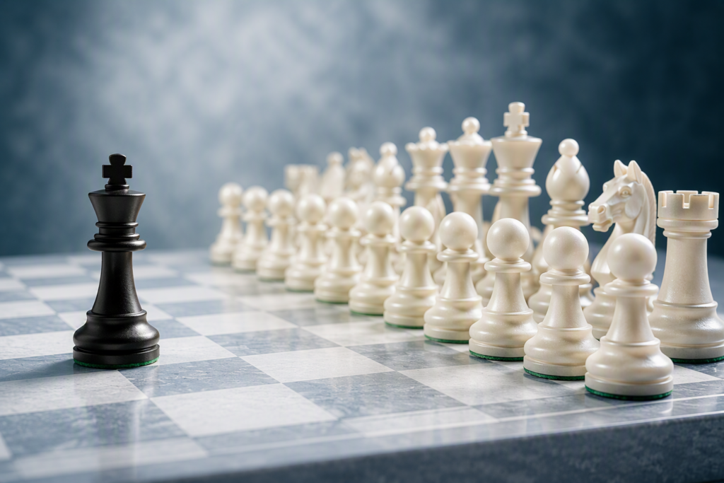 A black chess king standing alone opposite a complete set of white chess pieces on a chessboard, symbolising an independent IT managed service provider in a consolidating market.
