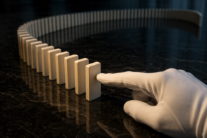A long row of standing dominoes in exact sequence on a polished surface, with a white-gloved hand poised at the first domino ready to initiate the chain.
