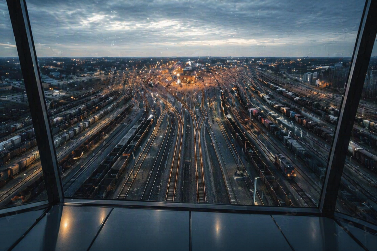 Elevated view over an organised network of converging rail lines feeding into a single central hub.
